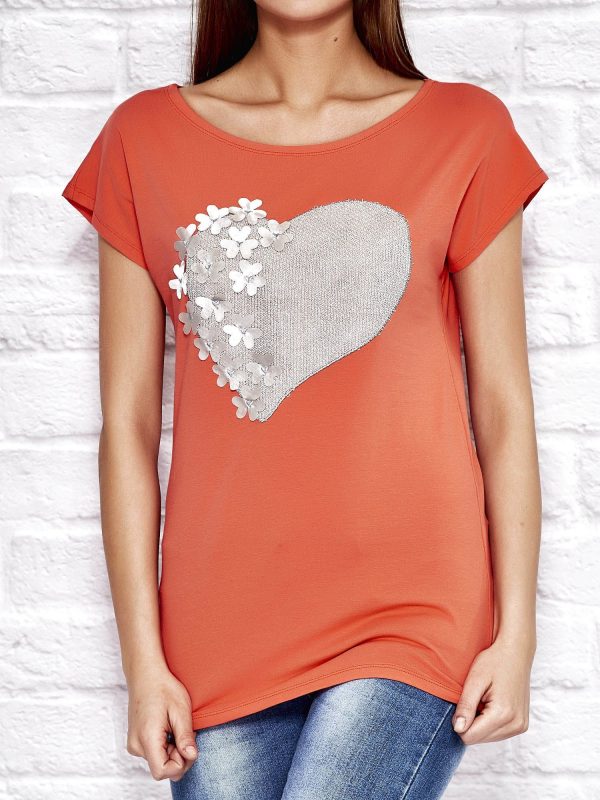 Wholesale T-shirt with metallic heart applique and flowers orange