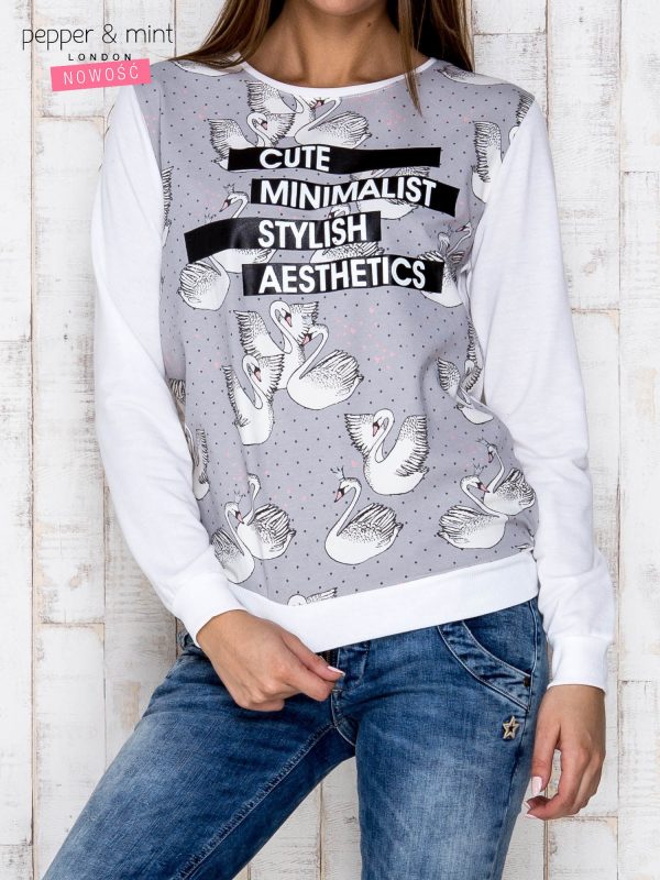 Wholesale Grey sweatshirt with swans print and inscription CUTE MINIMALIST