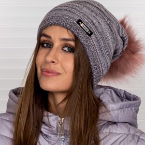 Wholesale Melange beanie hat with stripes pink