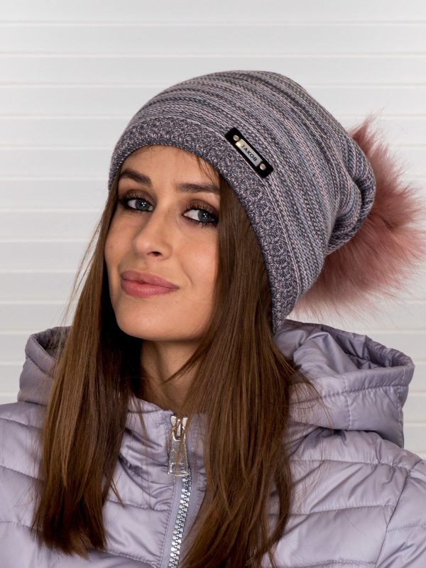 Wholesale Melange beanie hat with stripes pink