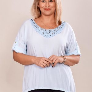 Wholesale Light blue oversize blouse with lace insert and plus size beads