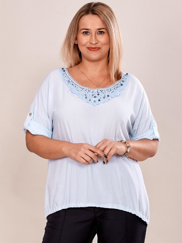 Wholesale Light blue oversize blouse with lace insert and plus size beads