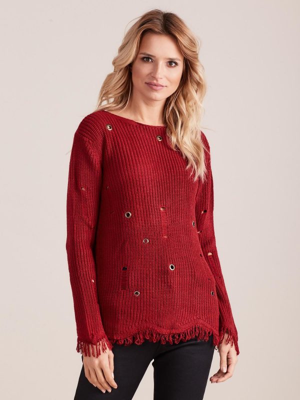 Wholesale Burgundy sweater with tassels and eyelets