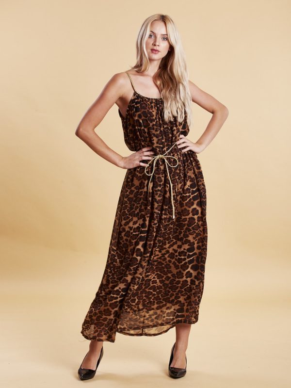 Wholesale Brown leopy print maxi dress with gold straps