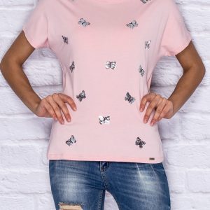 Wholesale T-shirt with sequin butterflies light pink