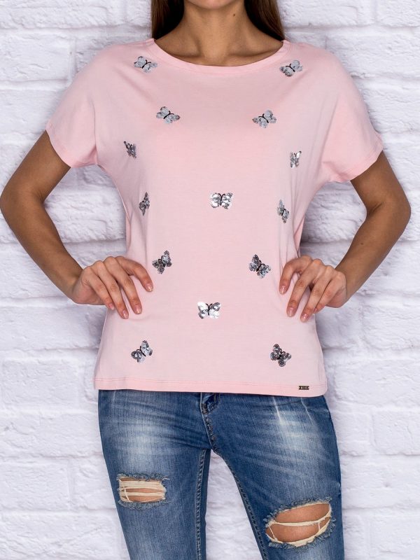 Wholesale T-shirt with sequin butterflies light pink