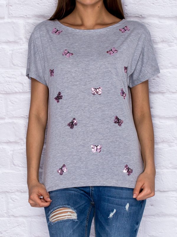 Wholesale T-shirt with sequin butterflies grey