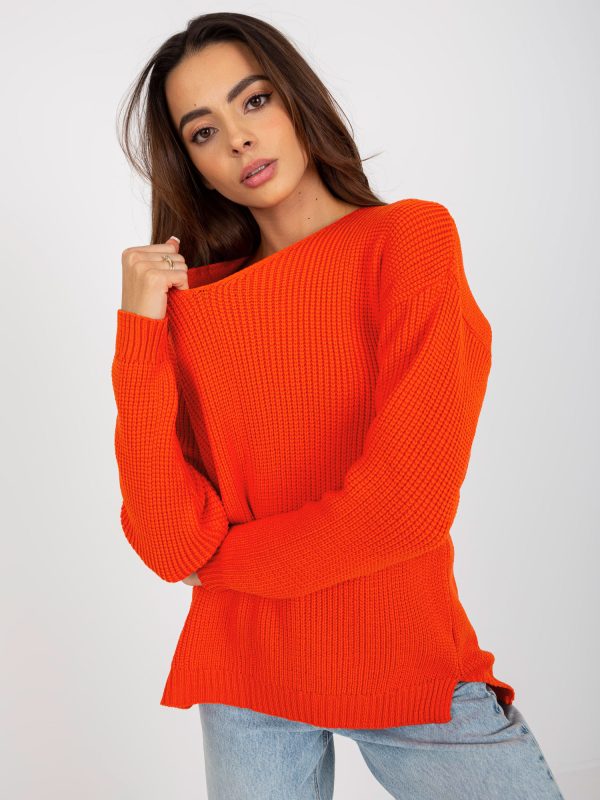 Wholesale Orangefarbener Oversize Pullover with V-Ausschnitt for Damen