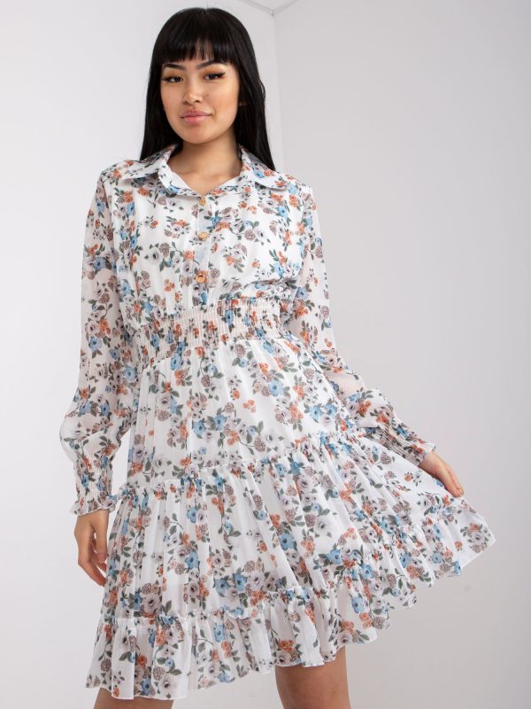 Wholesale White dress with floral print and long sleeve