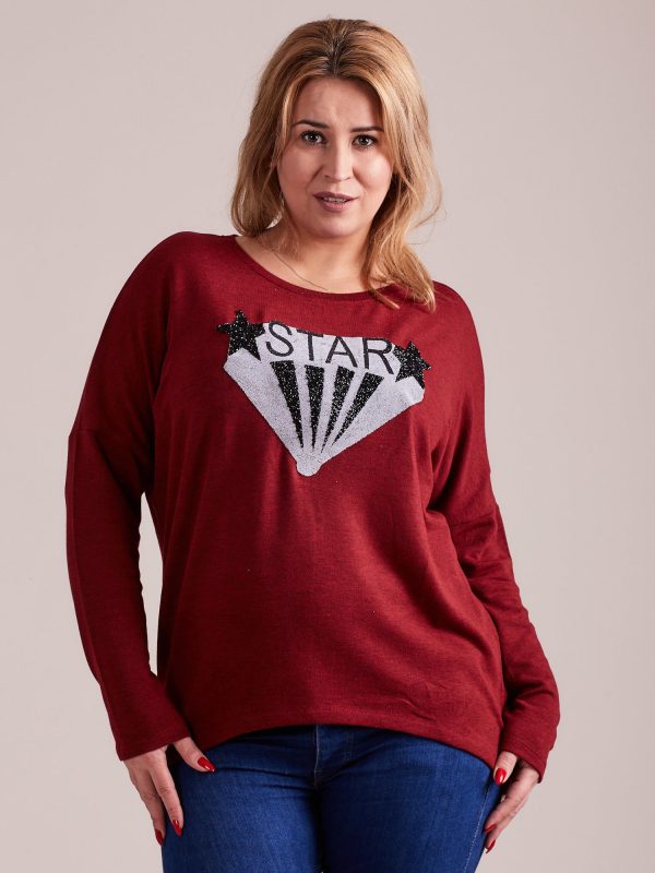 Wholesale Burgundy blouse with applique and plus size lettering