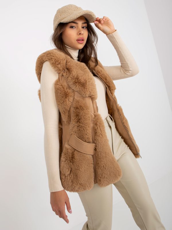 Wholesale Camel Women's Eco Leather Vest with Fur