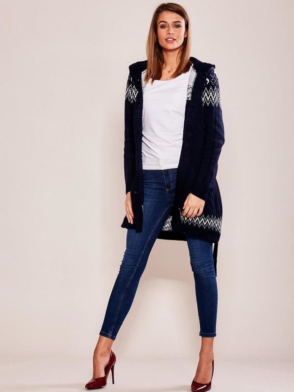 Wholesale Navy Blue Patterned Hooded Sweater