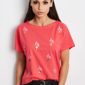 Wholesale Red t-shirt with sequin birds