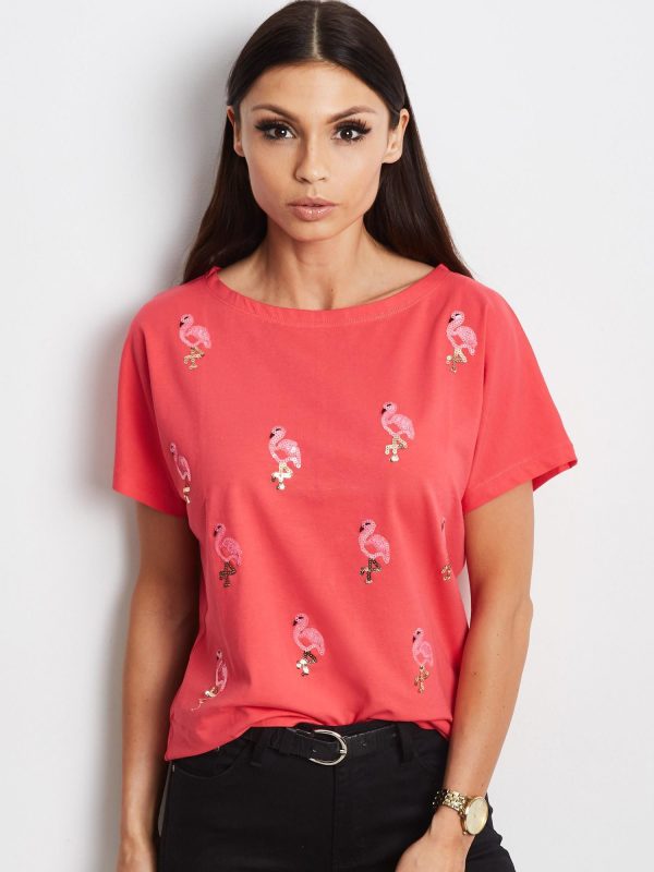 Wholesale Red t-shirt with sequin birds