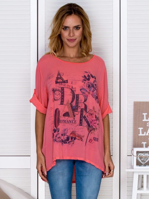 Wholesale Oversize blouse with print and coral rhinestones