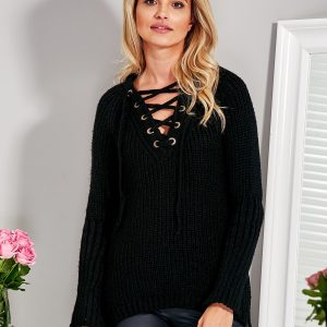 Wholesale V-neck sweater lace up black