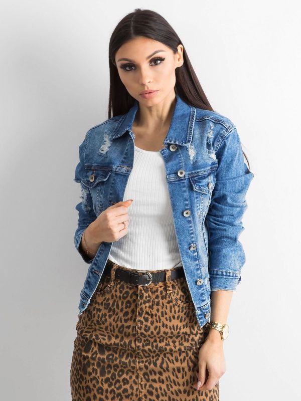 Wholesale Denim jacket with abrasions blue