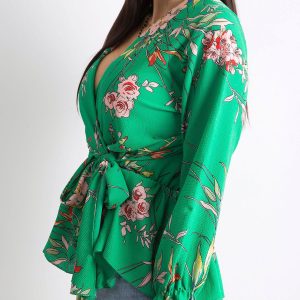 Wholesale Green floral blouse with flounce