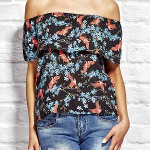 Wholesale Black exotic print blouse with Spanish neckline