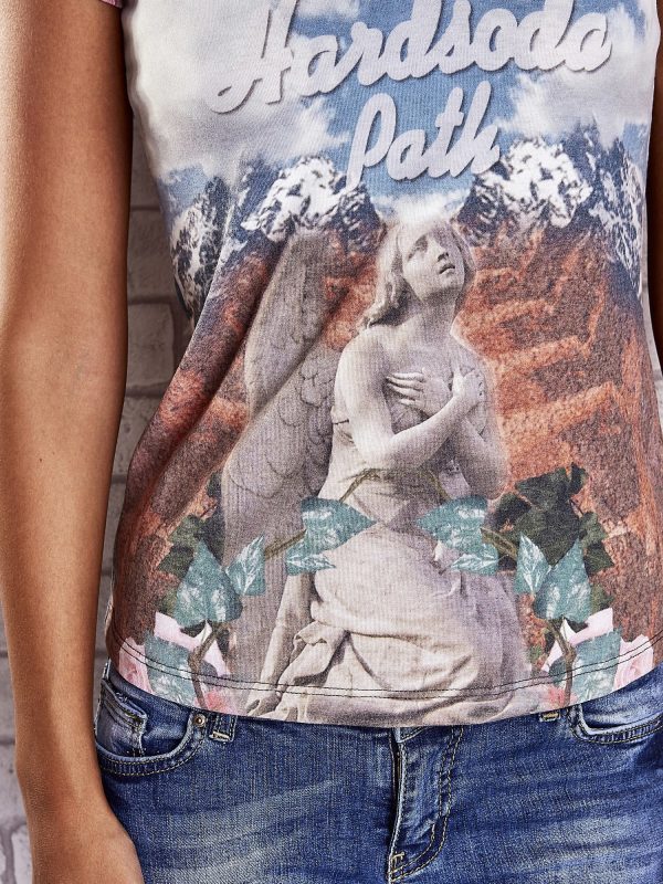 Wholesale Blue t-shirt in roses with mountain and sky print