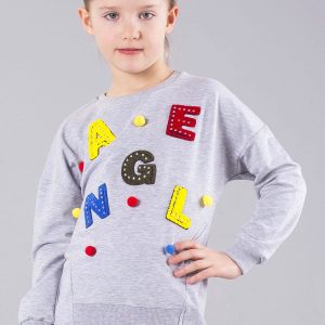 Wholesale Gray sweatshirt for girls with appliqué and pompoms