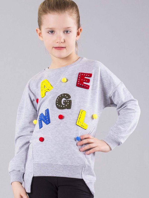 Wholesale Gray sweatshirt for girls with appliqué and pompoms