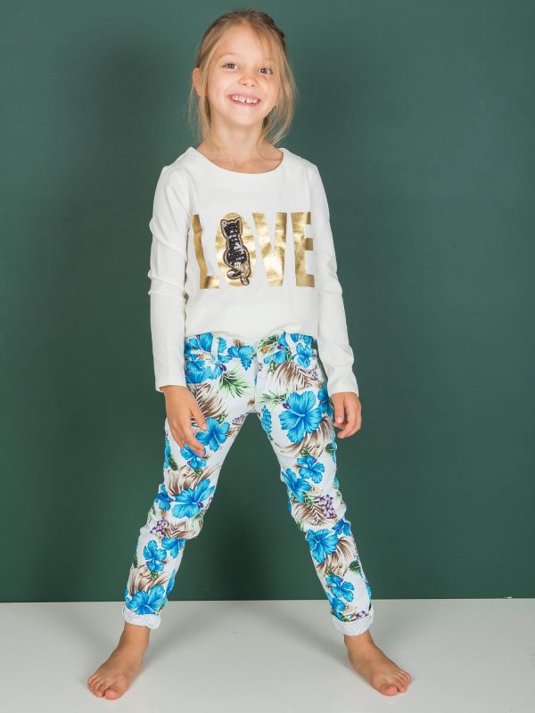 Wholesale White and blue pants for girl with print