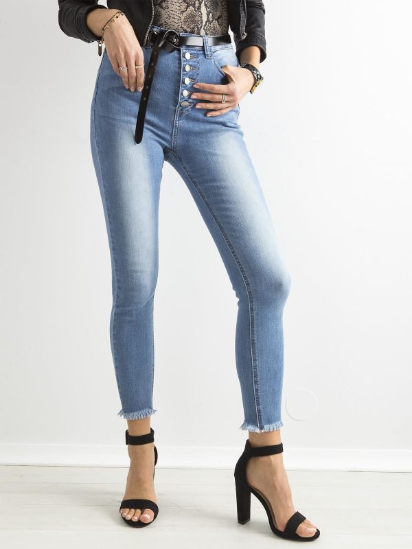 Wholesale Blue puréed high-waisted jeans with buttons