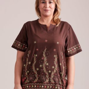 Wholesale Patterned shirt blouse brown PLUS SIZE