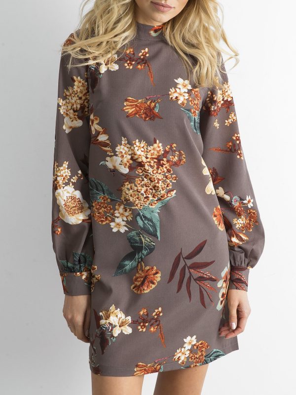 Wholesale Beige Floral Long Sleeve Dress