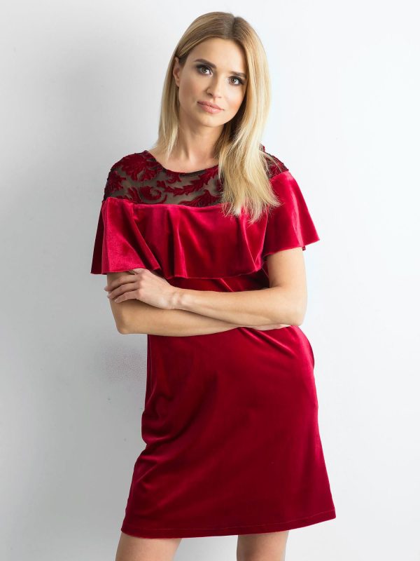 Wholesale Burgundy velour dress with flounce