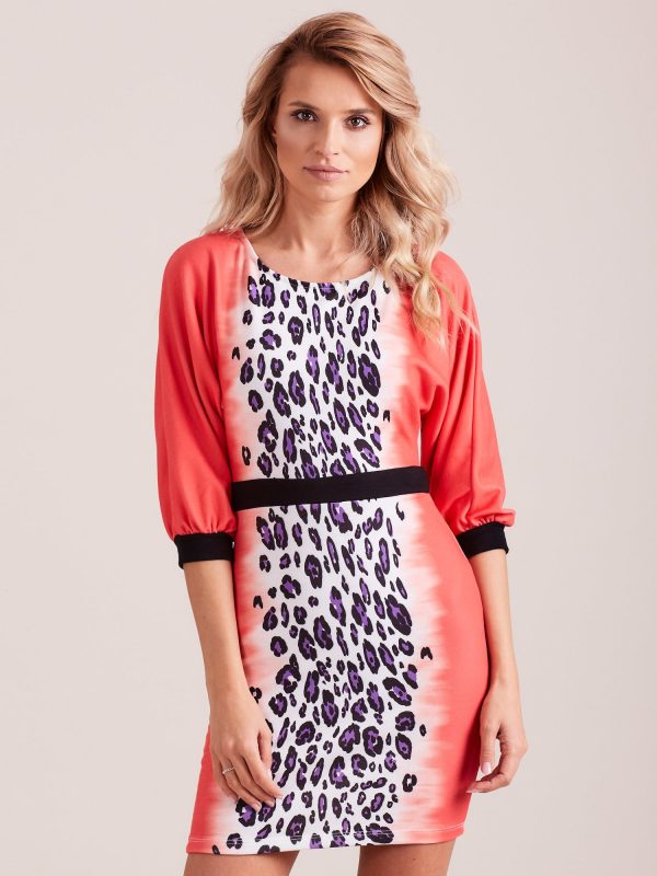 Wholesale Coral dress with leoter print and black belt