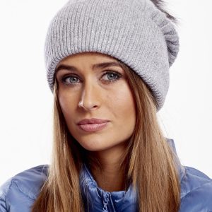 Wholesale Gray ribbed hat with fur pompom