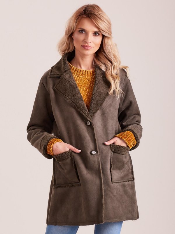 Wholesale Khaki sheepskin coat made of faux fur