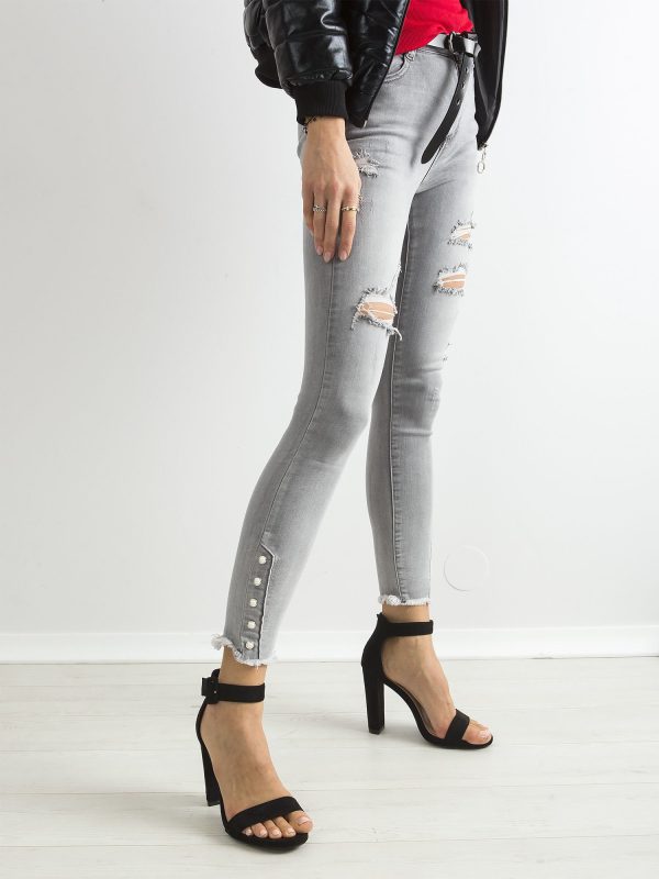 Wholesale Grey jeans with holes and applique