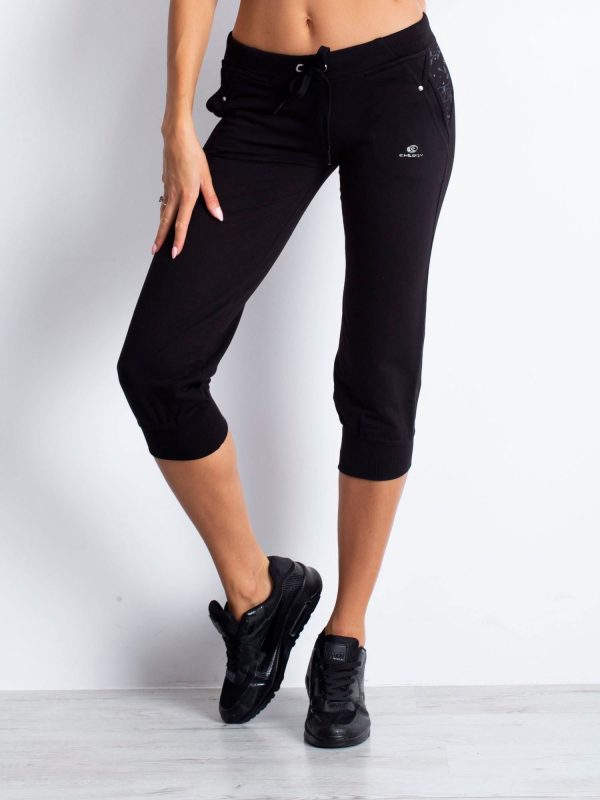 Wholesale Black capri sweatpants with floral pockets