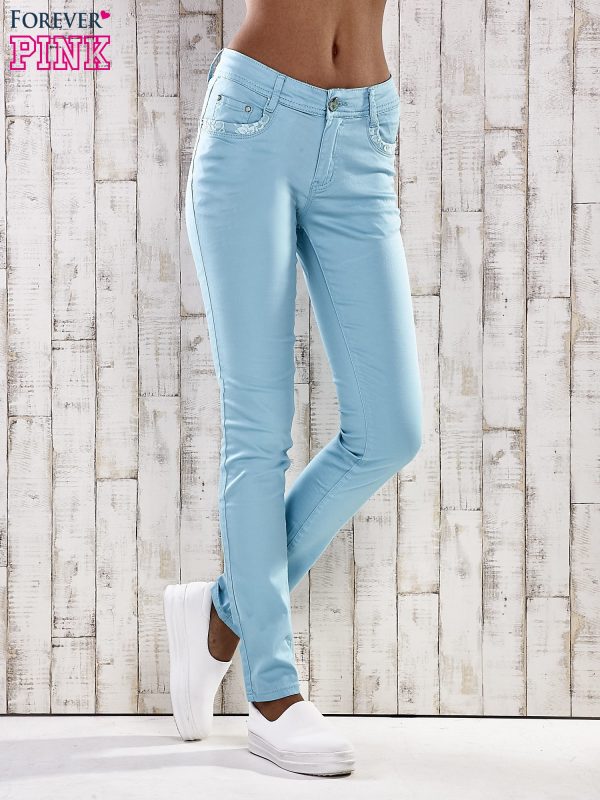 Wholesale Turquoise skinny jeans pants with lace