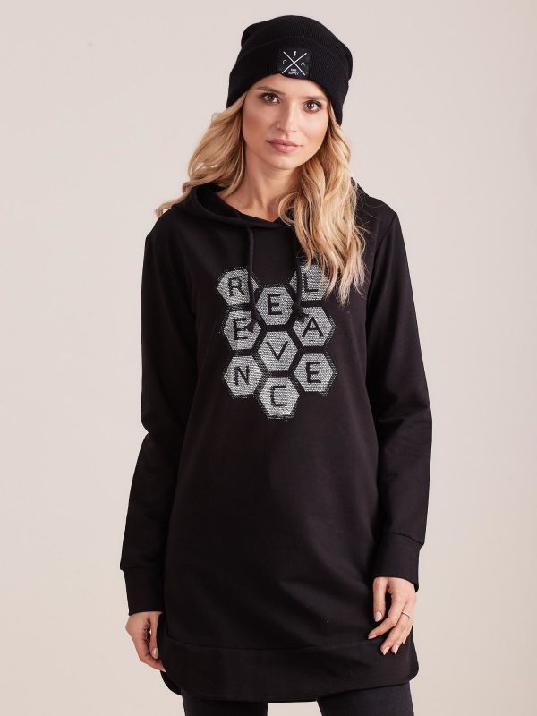 Wholesale Black sweatshirt tunic with hood and applique