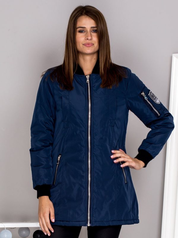 Wholesale Long bomber jacket with silver zippers and navy blue