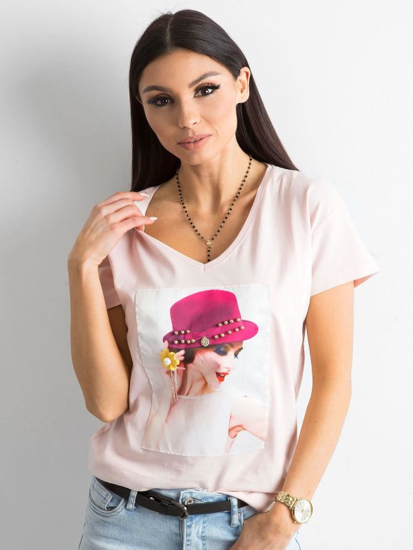 Wholesale Women's light pink T-shirt with applique