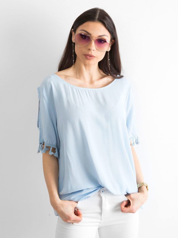 Wholesale Women's blouse with pomponics blue