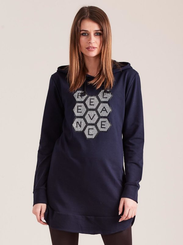 Wholesale Navy blue sweatshirt tunic with hood and applique