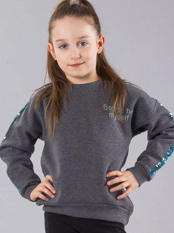 Wholesale Graphite padded girl sweatshirt with sequins on sleeves