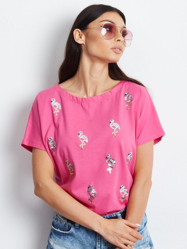 Wholesale Dark pink t-shirt with sequin birds