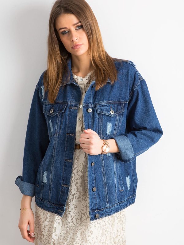 Wholesale Denim jacket with abrasions blue