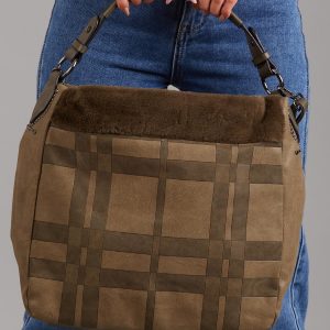 Wholesale Khaki checked bag with fur