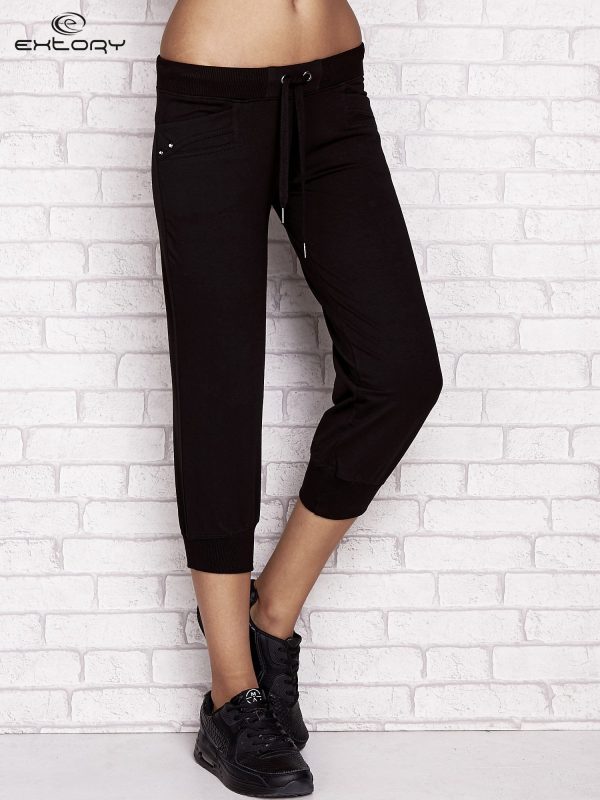 Wholesale Black capri sweatpants with rhinestones on pockets