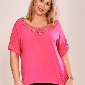 Wholesale Dark pink oversize blouse with lace insert and plus size beads