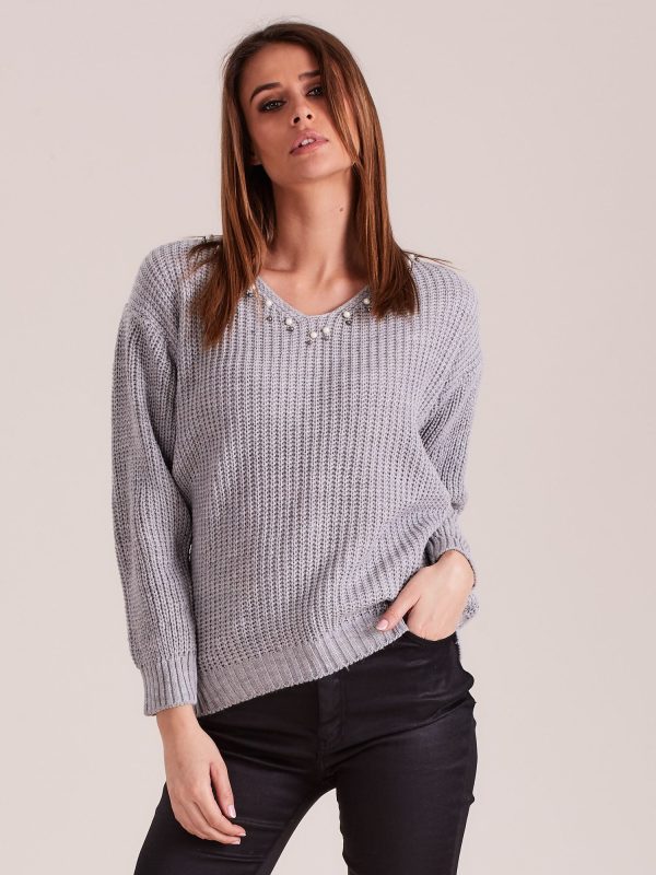 Wholesale Grey sweater with pearls