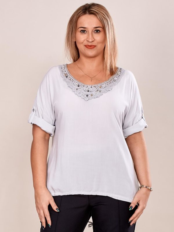 Wholesale Grey oversize blouse with lace insert and plus size beads